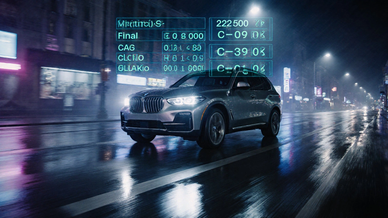 BMW X5 v dešti za nocí, s holografickým kalkulačním displejem ukazujícím celkovou cenu pojištění.