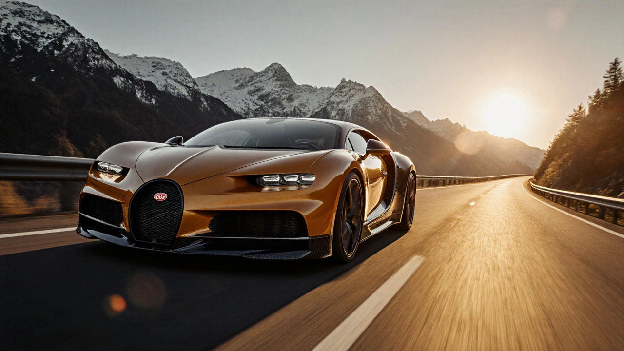 Bugatti Chiron zrychluje po české horské silnici při východu slunce.