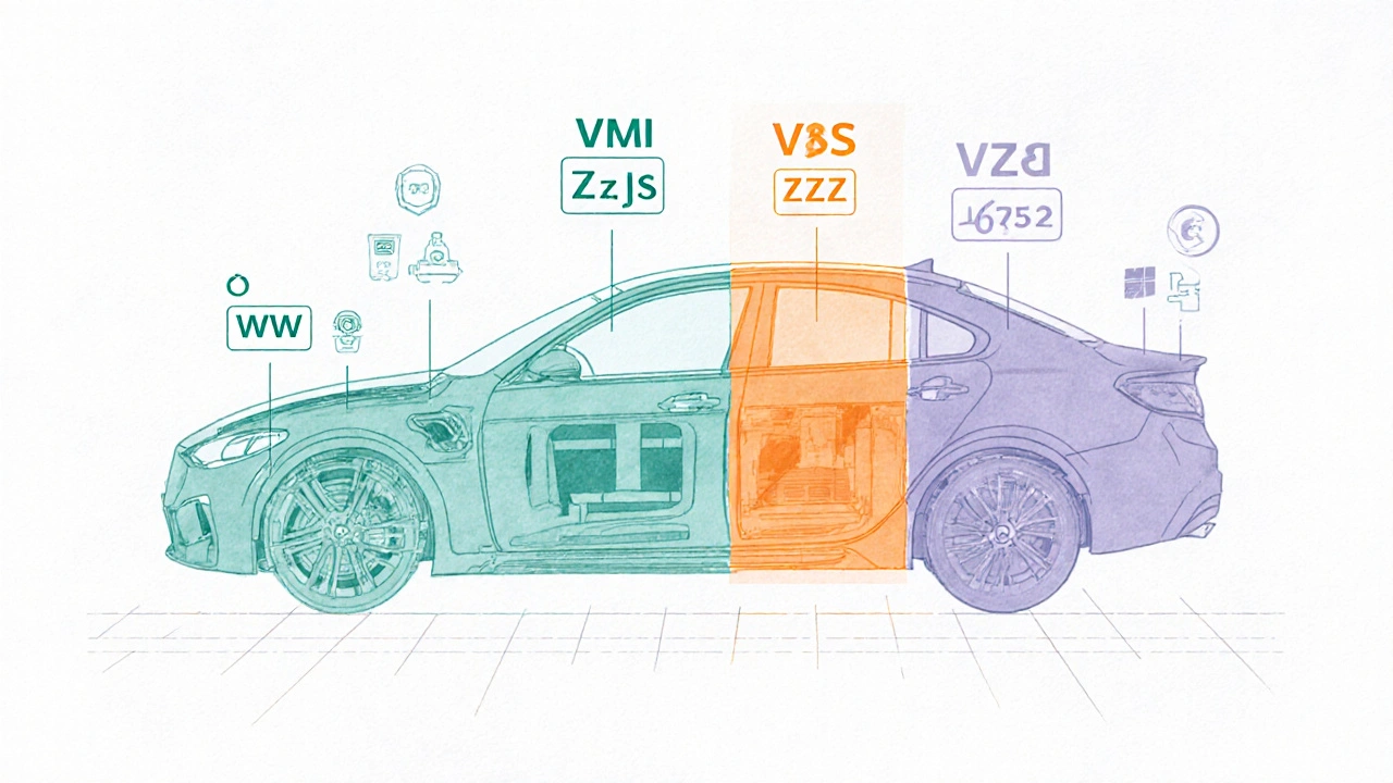 Diagram rozdělení VIN kódu (WMI, VDS, VIS) na siluetě auta
