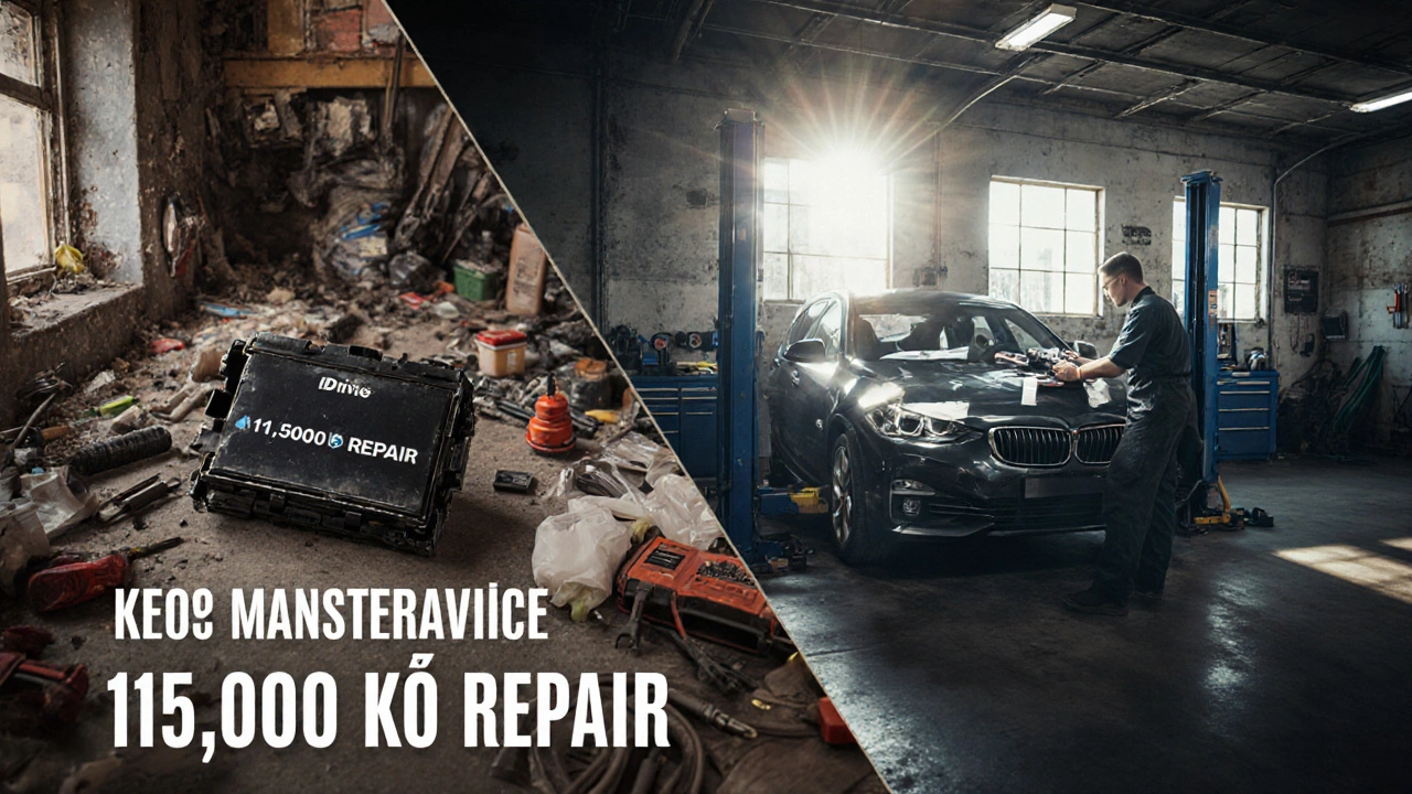 Dvě části obrázku: jeden ukazuje poruchu iDrive, druhý technika s diagnostickým přístrojem.