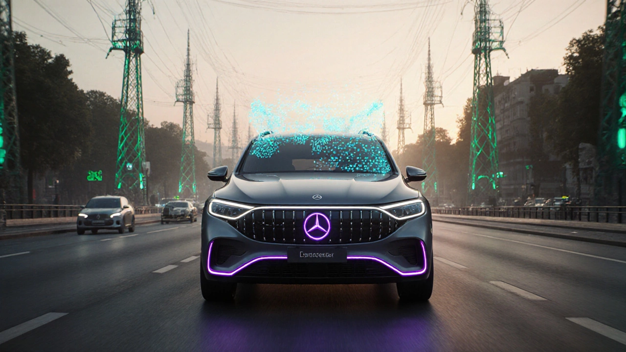 Elektrický Mercedes EQ S jedoucí autonomně v futuristickém prostředí s hromadnými zelenými energiemi.