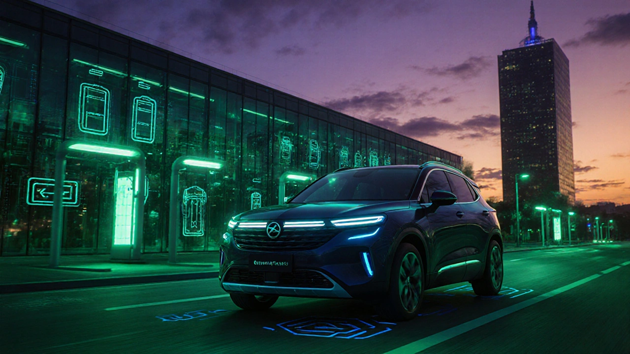 Elektromobil Opel Mokka‑EV projíždí futuristické město s autonomním řízením.