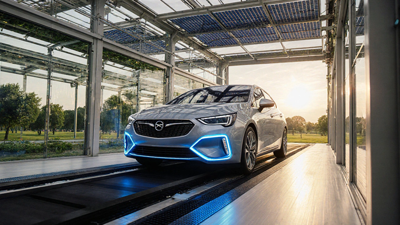 Futuristický elektrický Opel Astra na moderní lince s udržitelným prostředím.