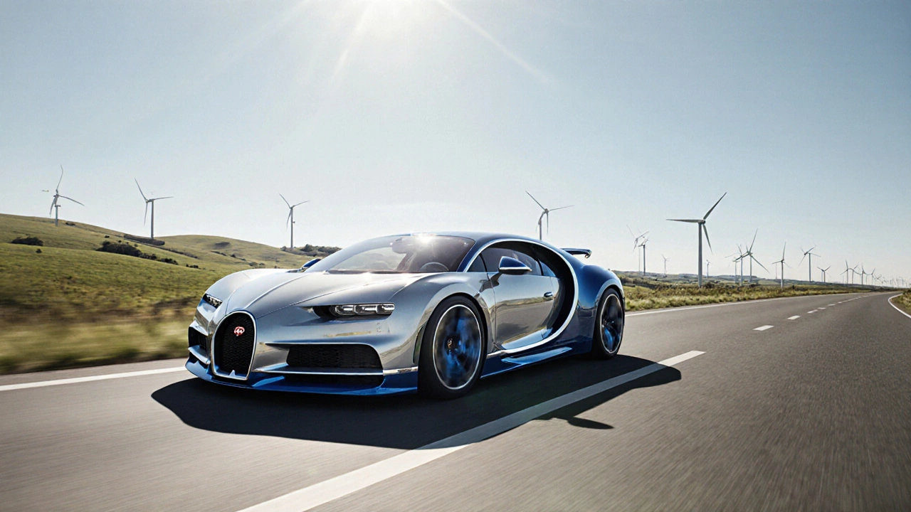 Hybridní Bugatti v moderní české krajině na silnici pod jasnou oblohou.