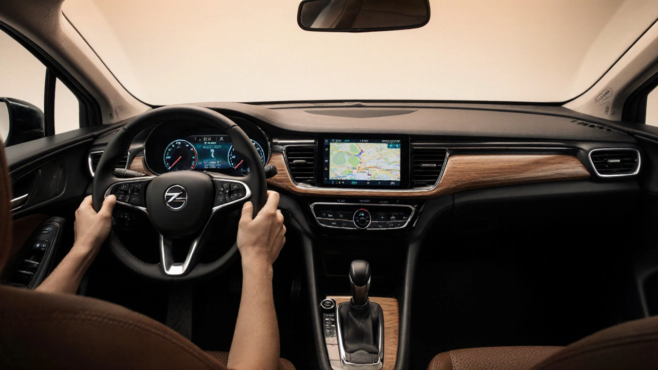Interiér Opelu Astra s digitálními obrazovkami a minimalistickým designem řídicího prvku.