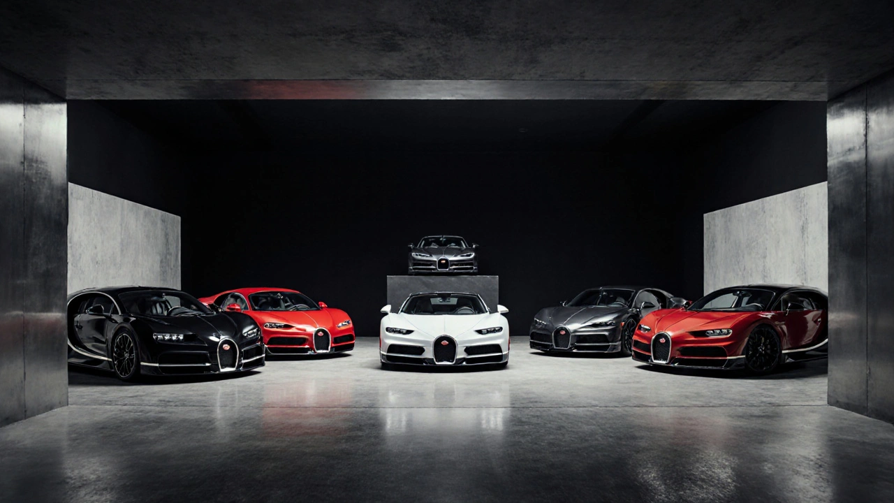 Luxusní garáž s řadou sedmi Bugatti: 4 Chiron, 2 Veyron, 1 Divo.