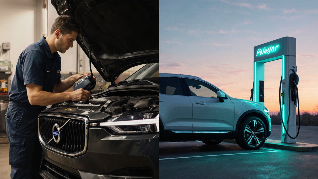 Mechanik kontrolující filtr oleje na dieselovém Volvo a vedle něj elektrický Polestar2 při nabíjení, symbolizující údržbu a budoucnost.
