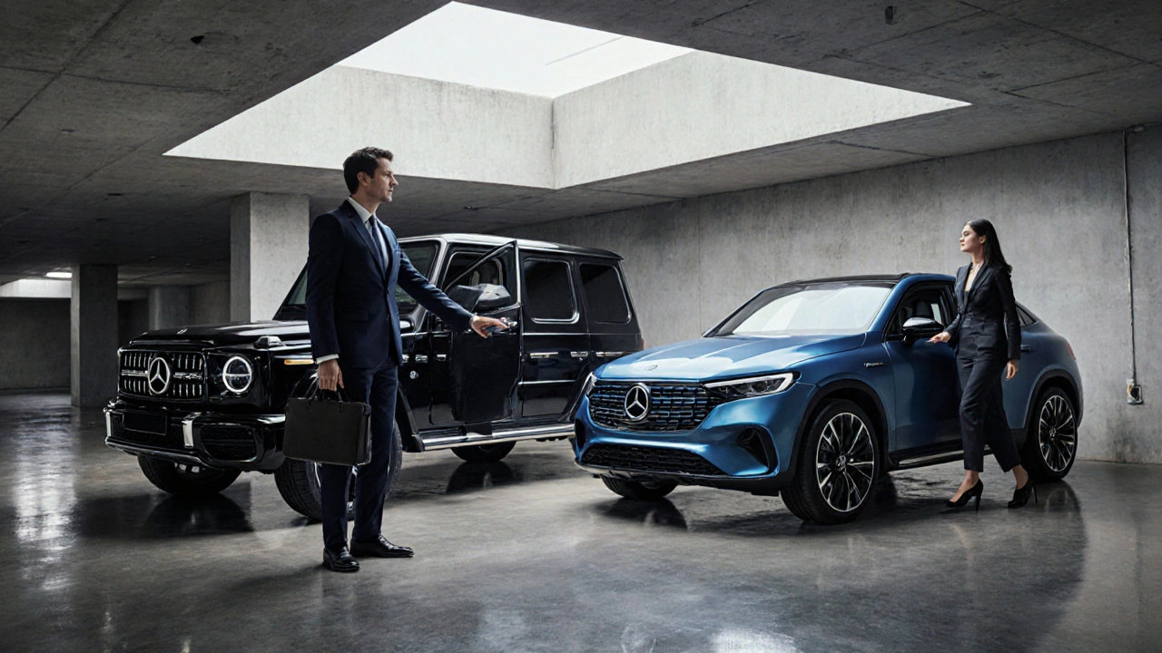 Mladý podnikatel a žena IT specialistka vstupují do luxusních Mercedesů v moderním parkovišti.