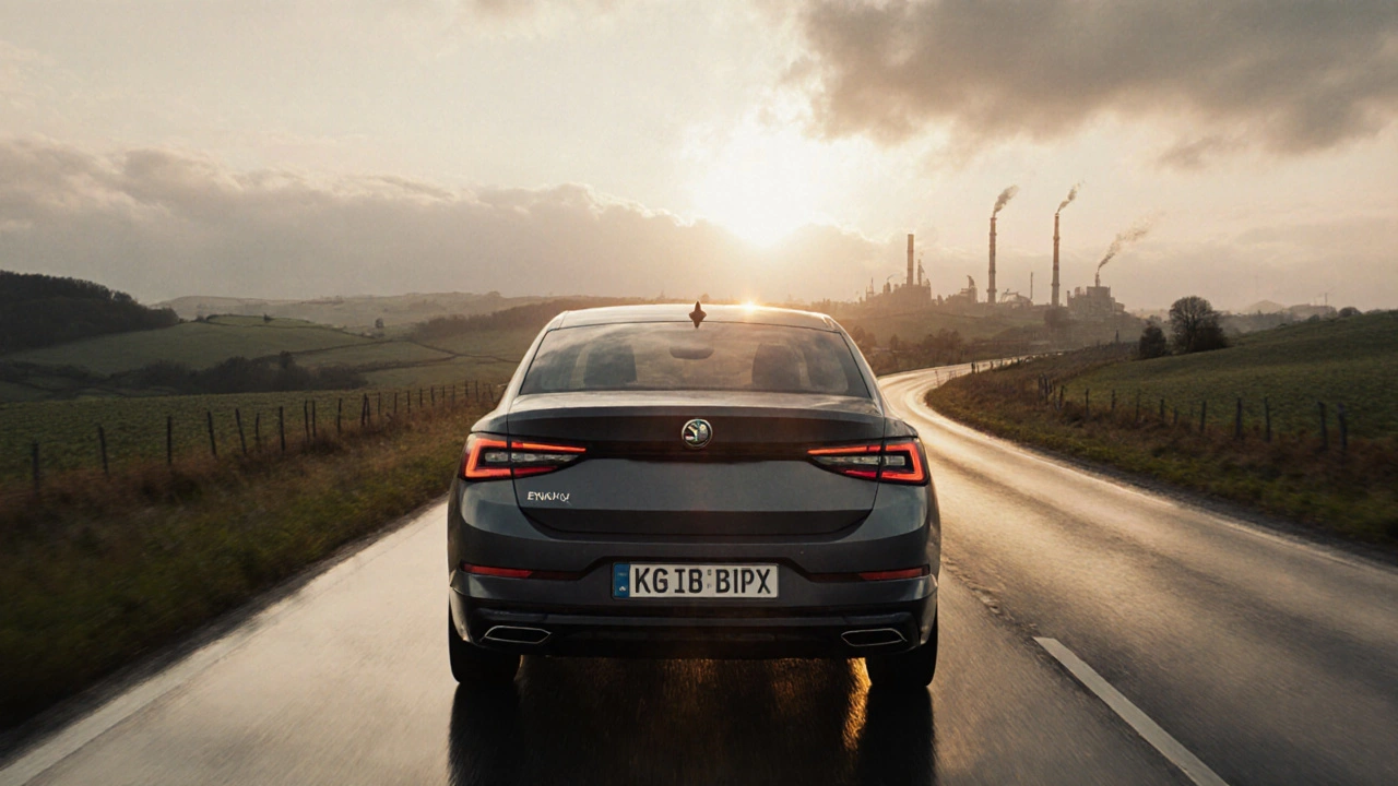 Moderní elektroauto Škoda Enyaq iV jede po české krajině při východu slunce.