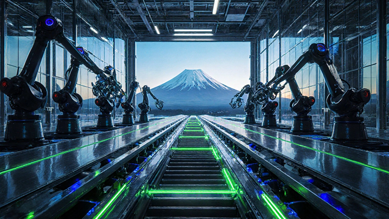 Moderní japonská bateriová továrna Nissan s roboty a EV.