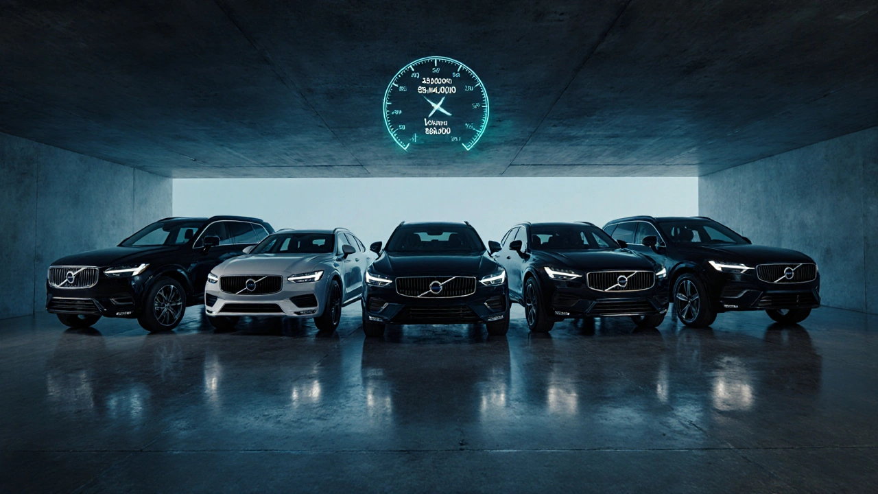 Pět modelů Volvo (XC90, V60, S90, Polestar2, XC60) stojících v moderním servisu, v čelních sklech zjistitelné vysoké počty kilometrů.
