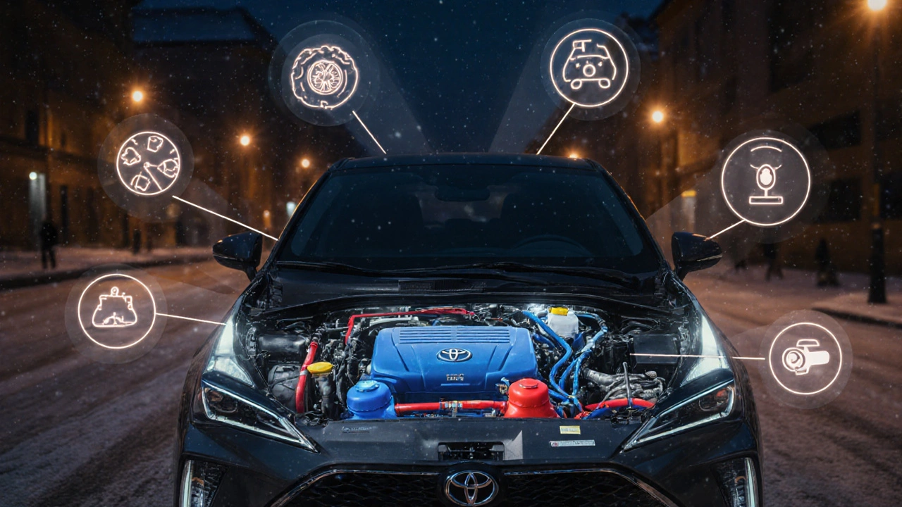 Průhledný pohled na chladicí systémy hybridní Toyoty s červenou a modrou kapalinou.