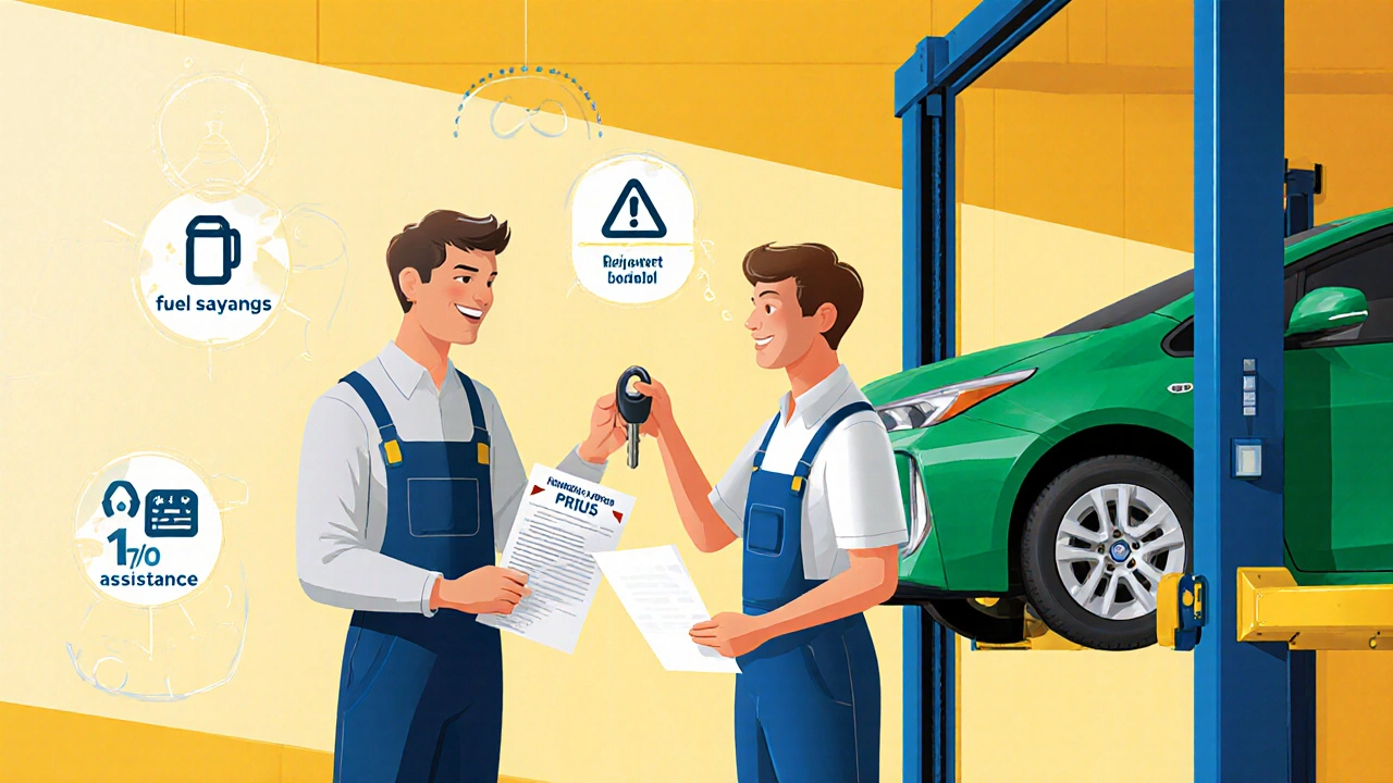 Řidič dostává klíče od mechanika, u hybridního Priusu a dokumentů o servisu a zárukách.