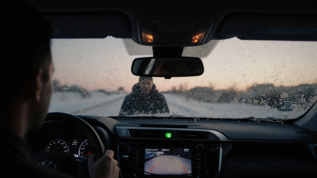 Řidič v Toyotě RAV4 ověřuje brzdová světla s pomocníkem za autem.