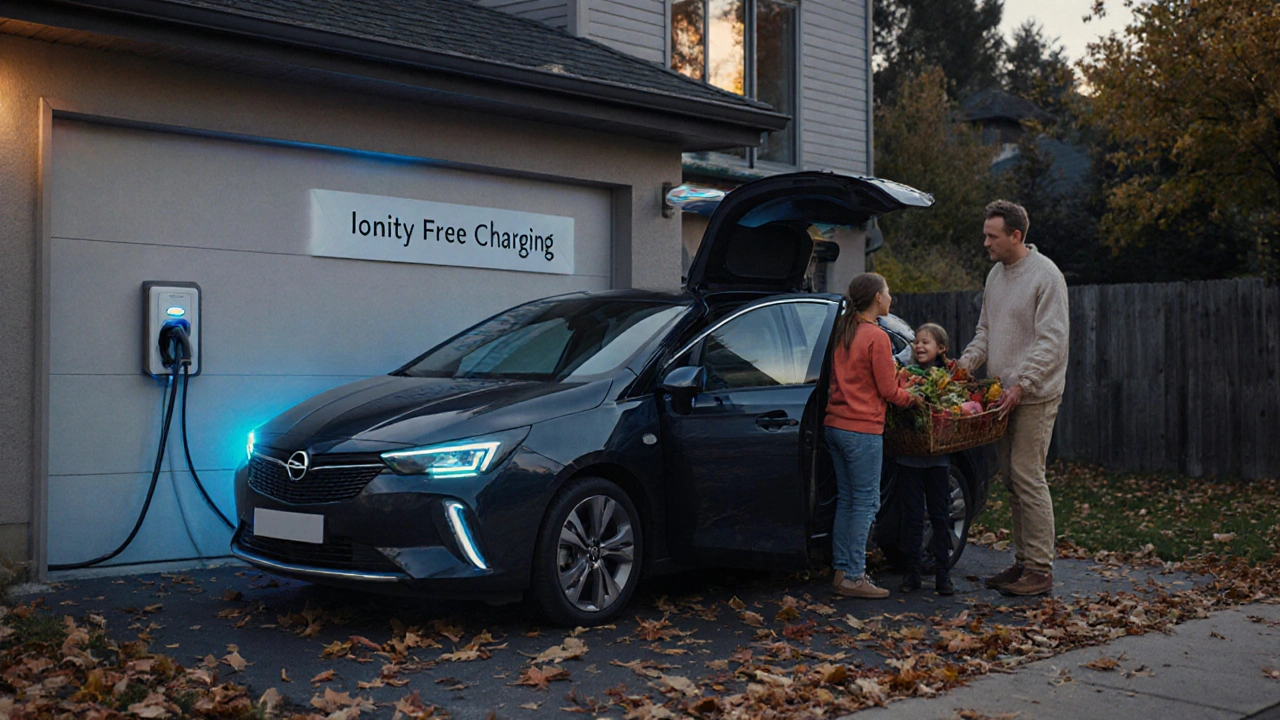 Rodina naloží nákup do Opelu Astra Electric na příjezdové cestě s nabíječkou na pozadí.