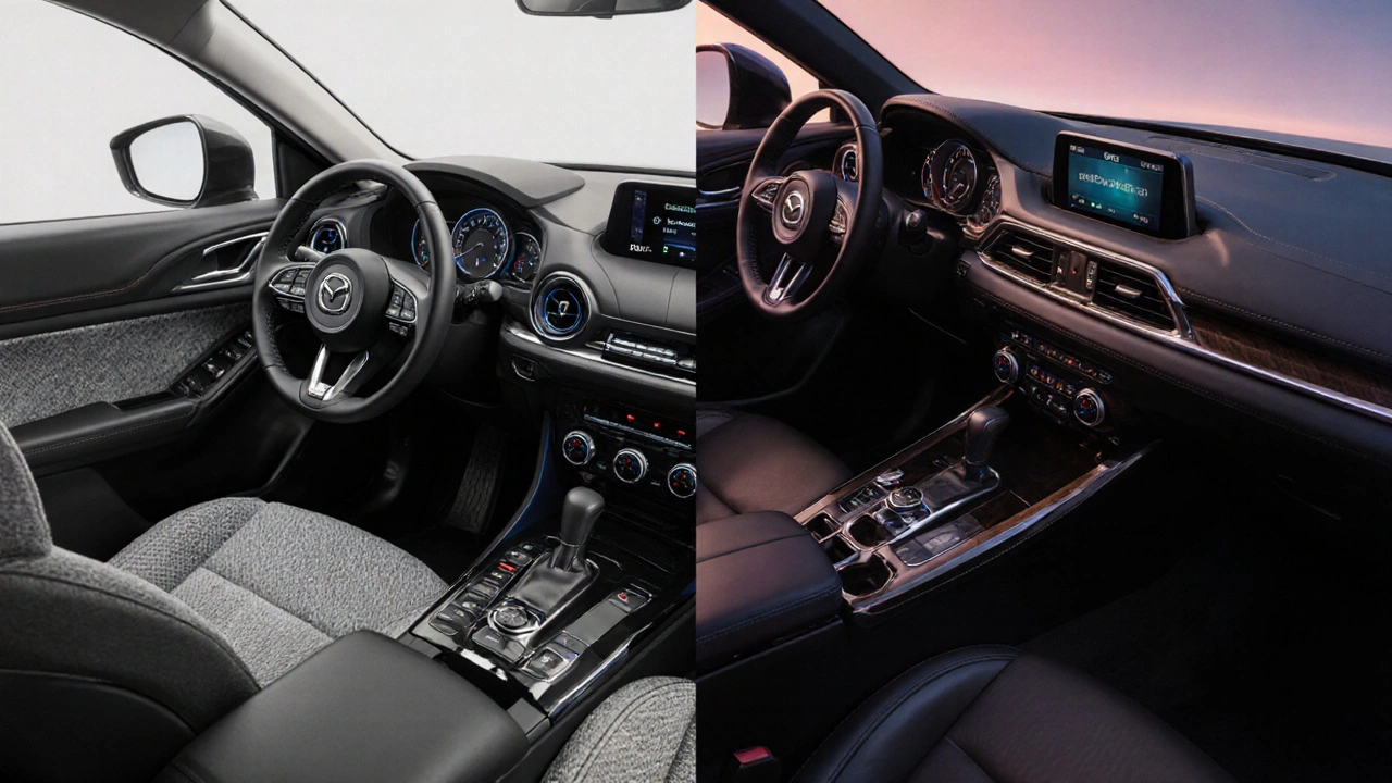 Rozdělený obrázek interiérů Mazda 6: základní a Premium výbava.