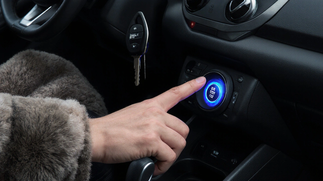 Ruka stiská tlačítko start/stop v Renault Clio s klíčem v kapse.