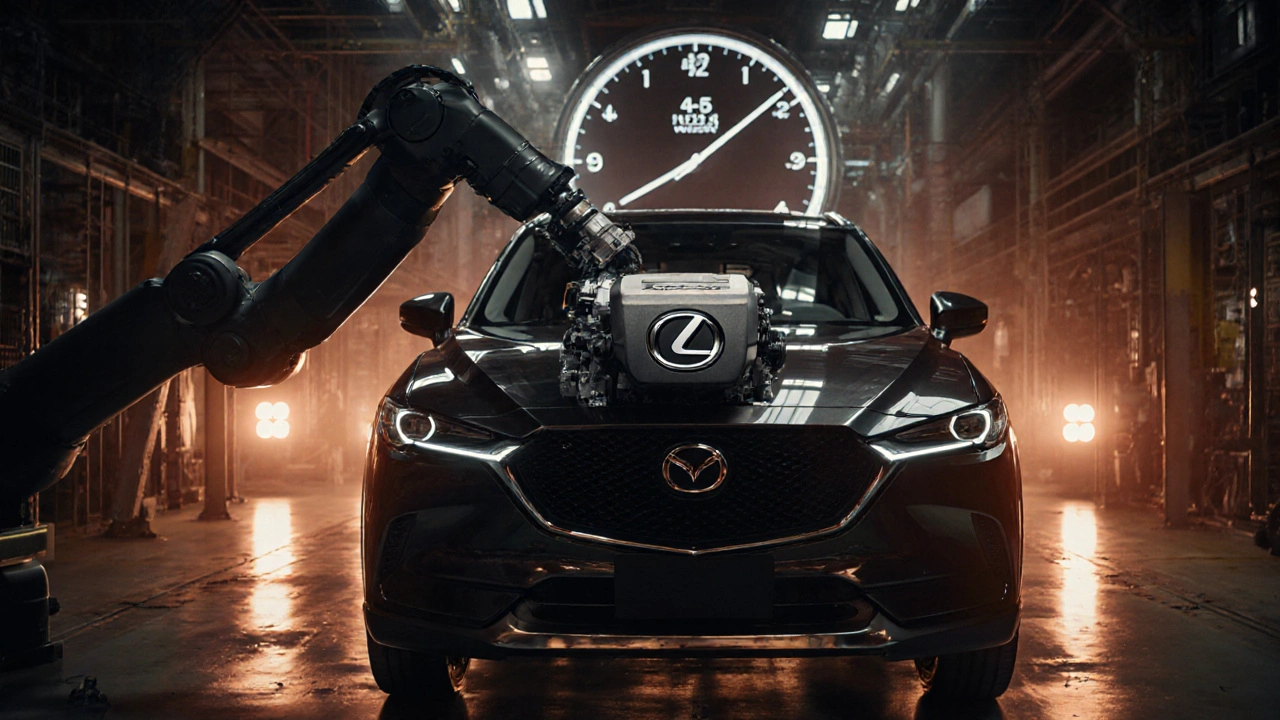 Scéna ukazující spolupráci Mazdy a Lexusu, kde Mazda dodává komponenty do výroby Lexus, s českým zákazníkem v popředí.