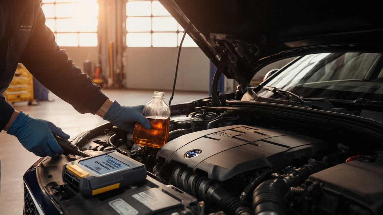Servisní technik kontroluje podvozek Volvo, mění převodovou kapalinu a kontroluje Haldex spojku.