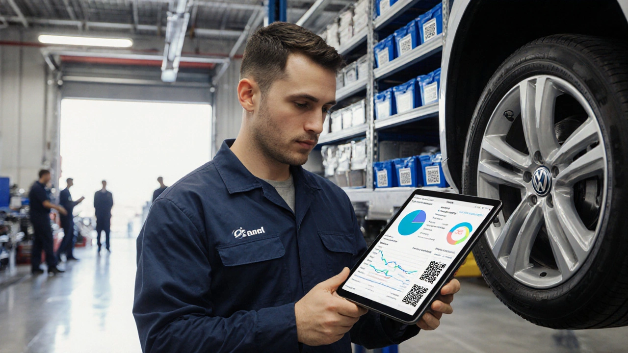 Technik v brněnském servisu používá tablet ukazující zlepšené marže a data.