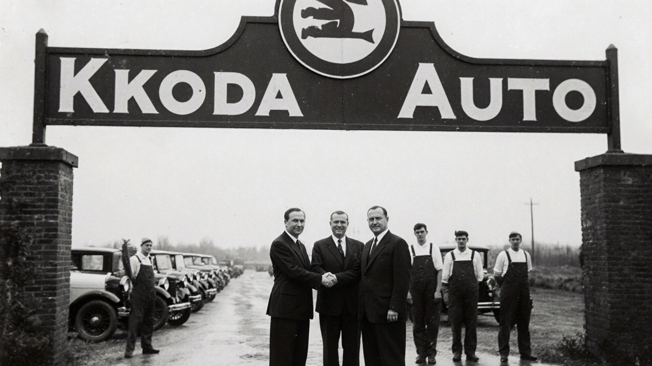 Tři muži si stisknou ruce před továrnou s novým nápisem Škoda Auto v roce 1925.