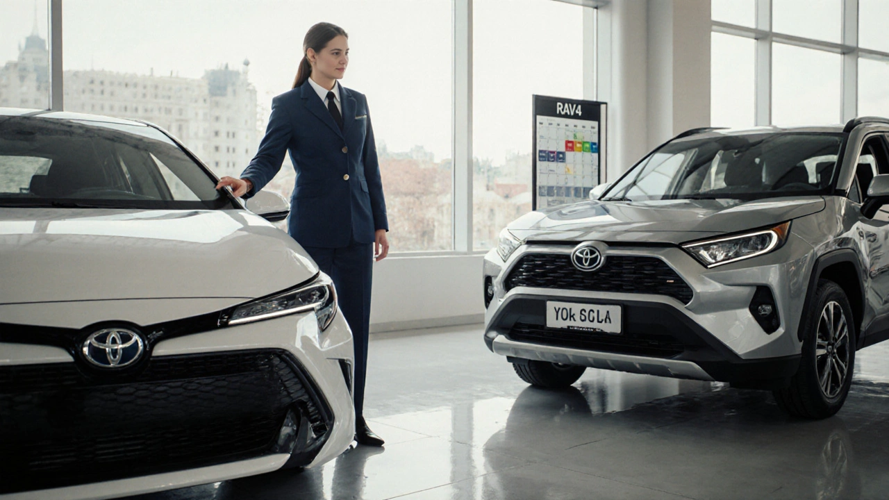 Ukázka Toyota showroomu s modely Corolla a RAV4 a poradcem připravujícím testovací jízdu.