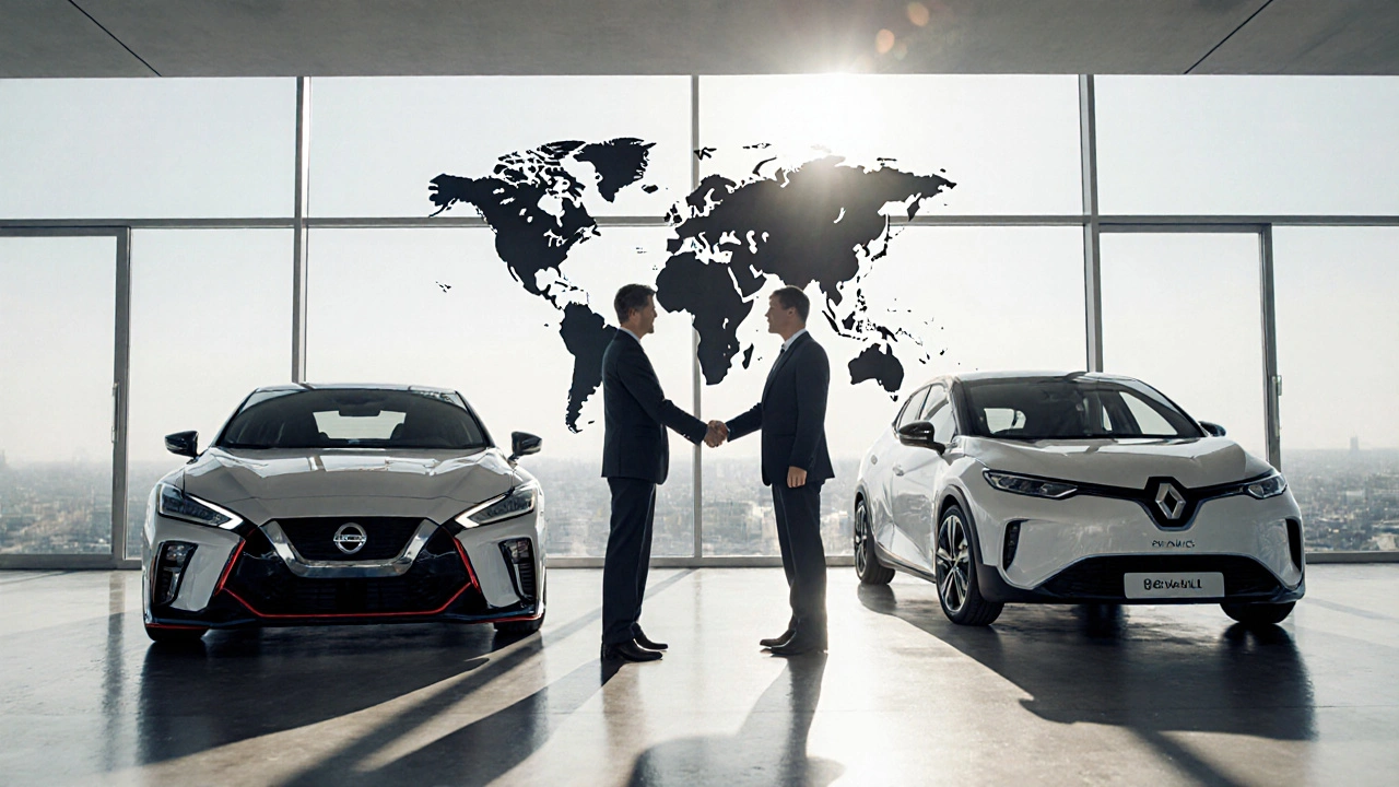 Vedoucí Nissan a Renault podávají si ruce u automobilů.