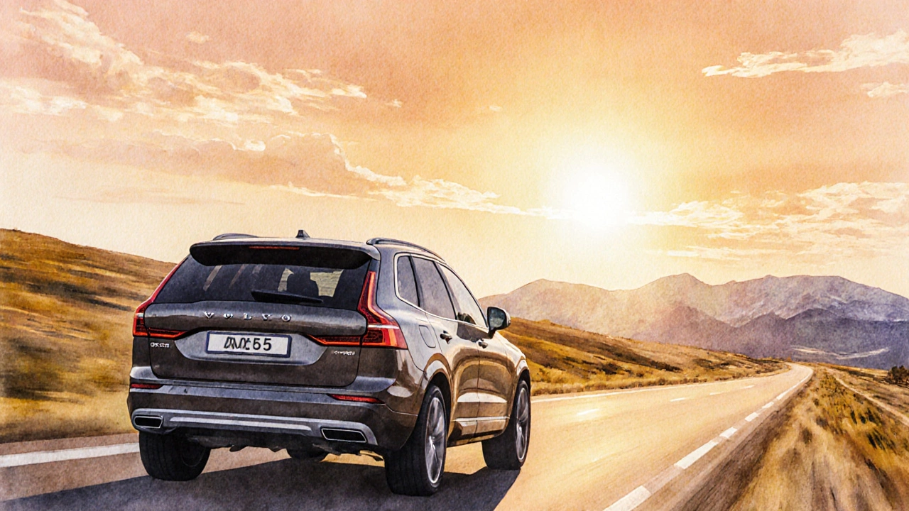 Volvo XC90 diesel jede po dlouhé silnici při východu slunce, symbolizuje dlouhou životnost.