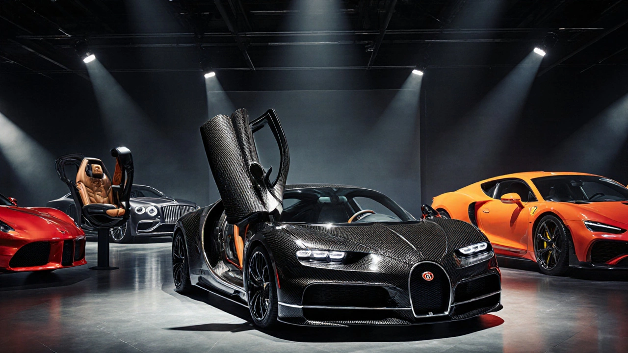 Výstava šesti nejdražších modelů 2025 v moderním halách, včetně Bugatti Chiron.