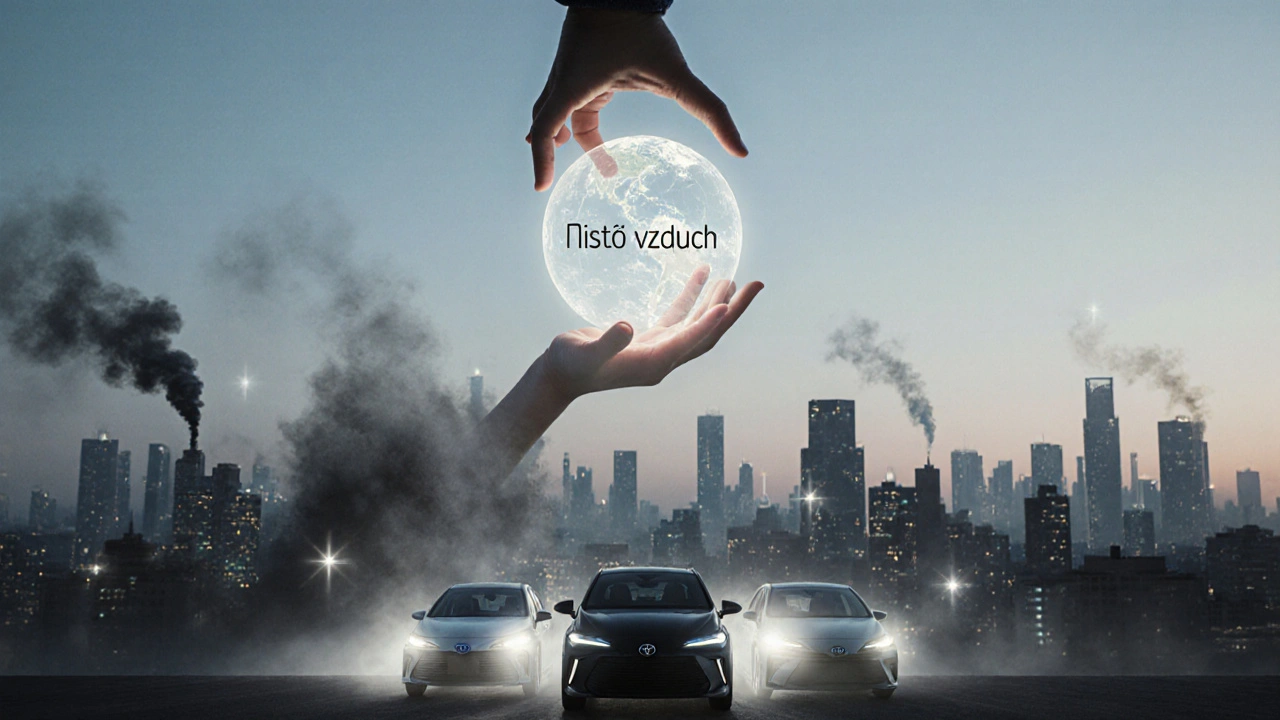 Dítě se táhne k čistému vzduchu, zatímco auta Toyota vydávají jen světlo a vodu.