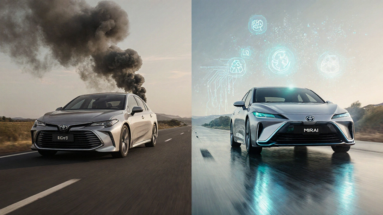 Dvě auta na rozcestí: staré dieselové a budoucí vodíkové, symbolický přechod technologií.