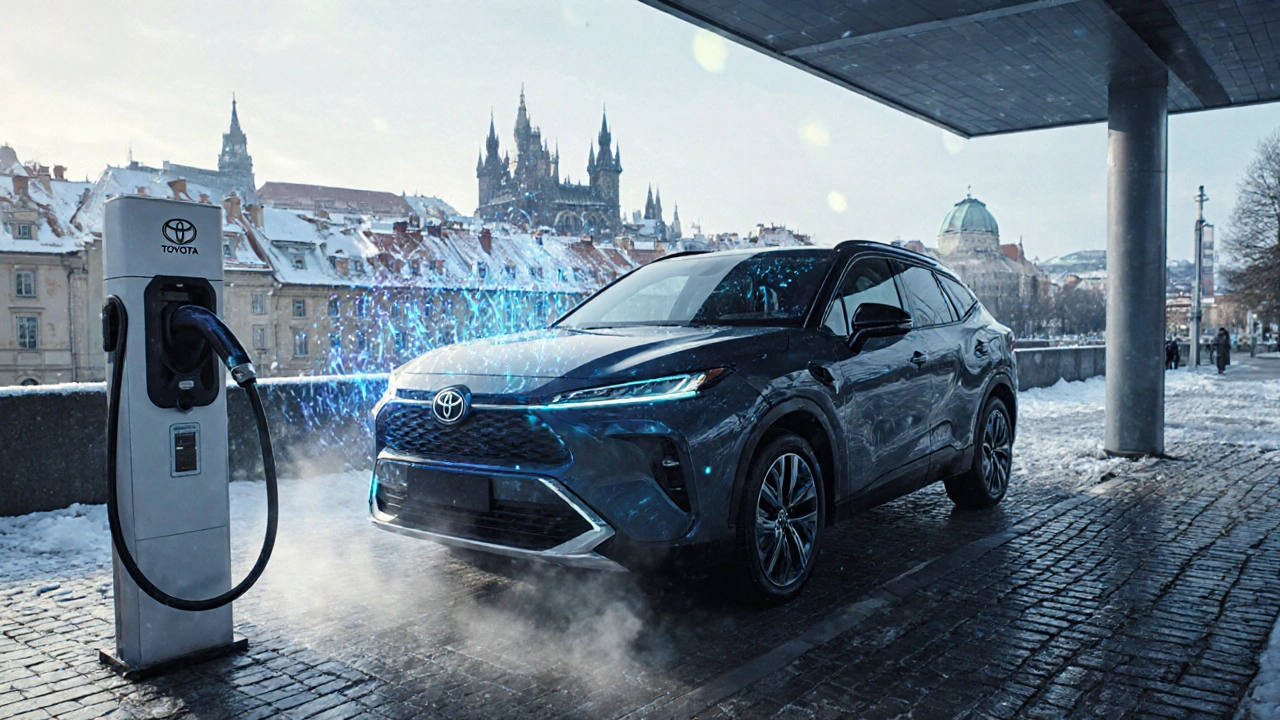 Elektrické auto Toyota bZ4X se nabíjí v Praze, sníh na střechách, moderní nabíječka.