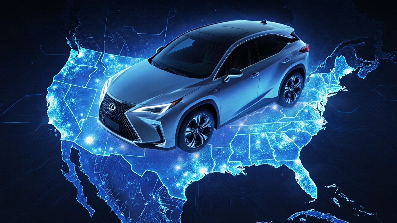 Elektrický Lexus LBX s datovými proudy spojujícími Japonsko, Kanadu a USA jako symbol společné technologie Toyota.