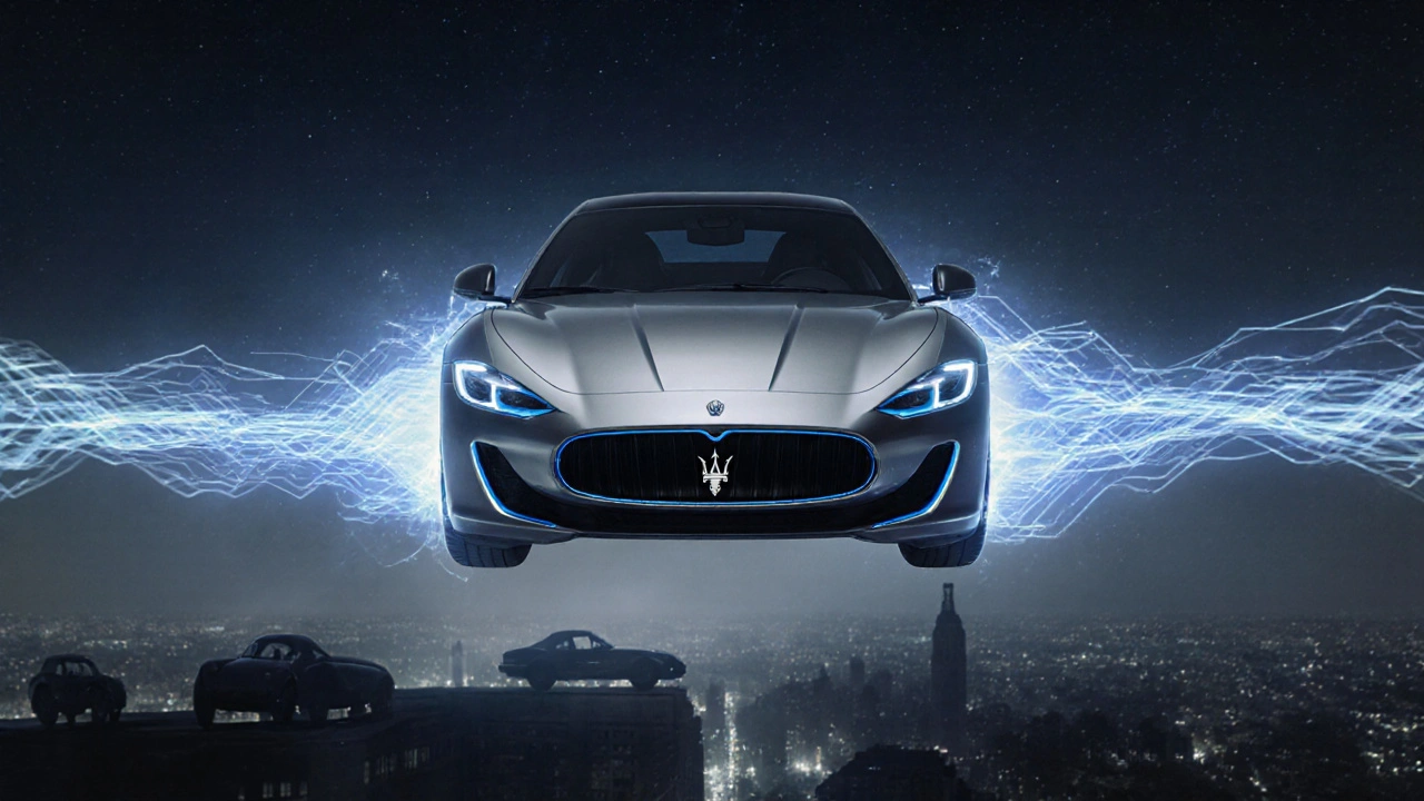 Elektrický Maserati GranTurismo Folgore vznášející se nad městem s energetickým zářením.