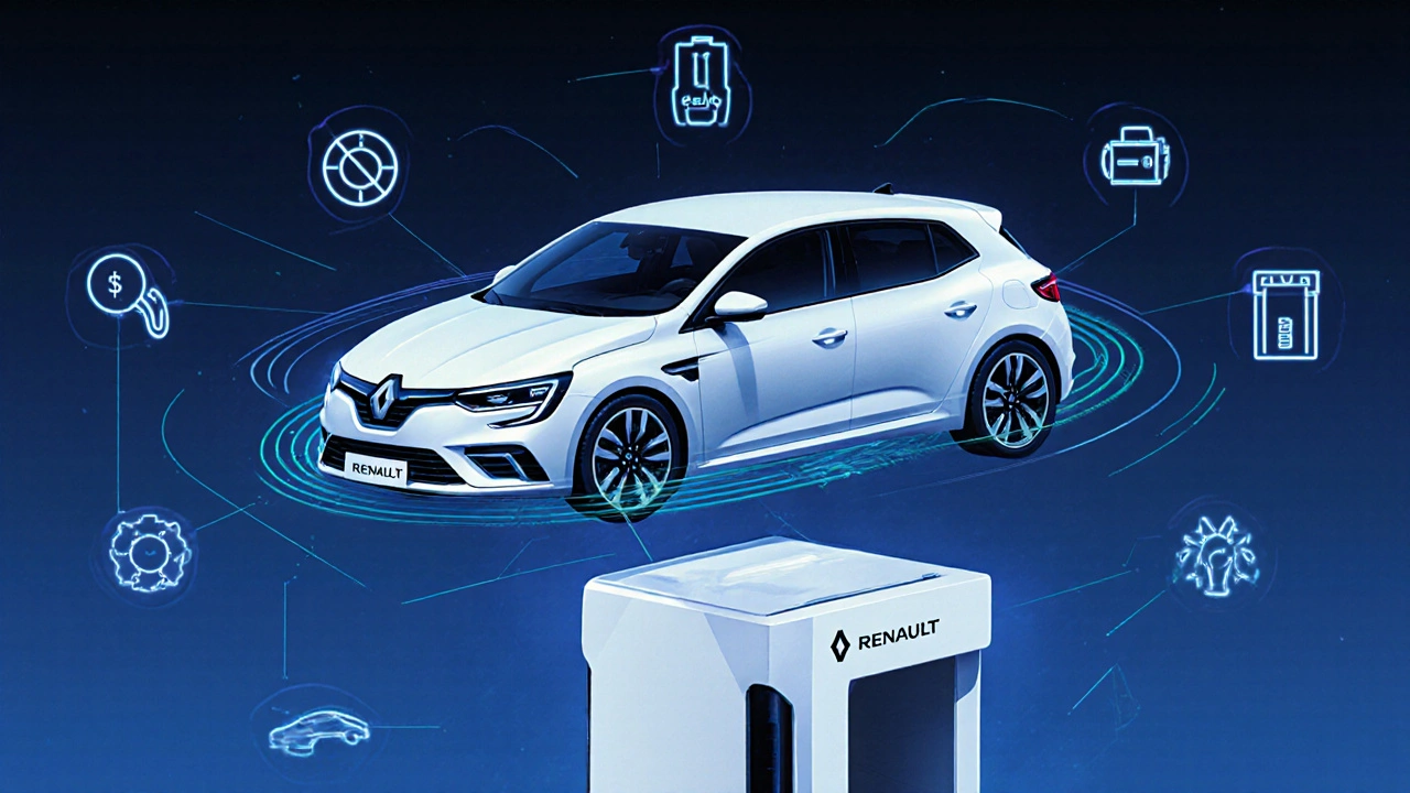 Elektrický Renault Megane E-Tech nad nabíječkou s energií.