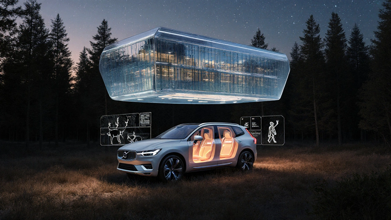 Futuristic Volvo electric car driving through Nordic forest with holographic safety alerts and Geely&#039;s protective presence.