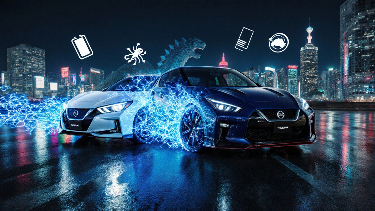Fúze Nissan Leaf a Skyline GT-R s technologickými prvky v nočním Tokiu