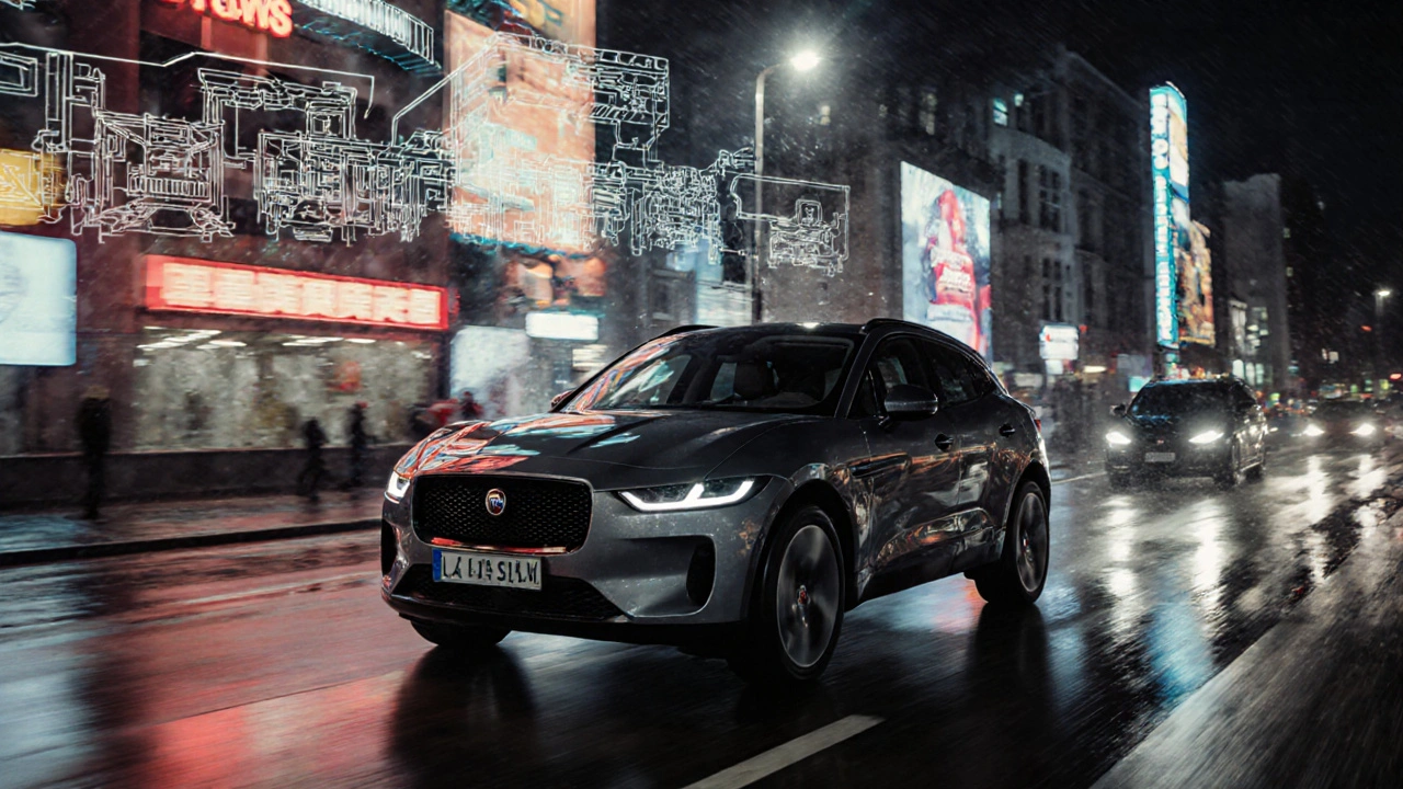 Jaguar I-PACE speeding through rainy London street with digital overlays of global supply chains.