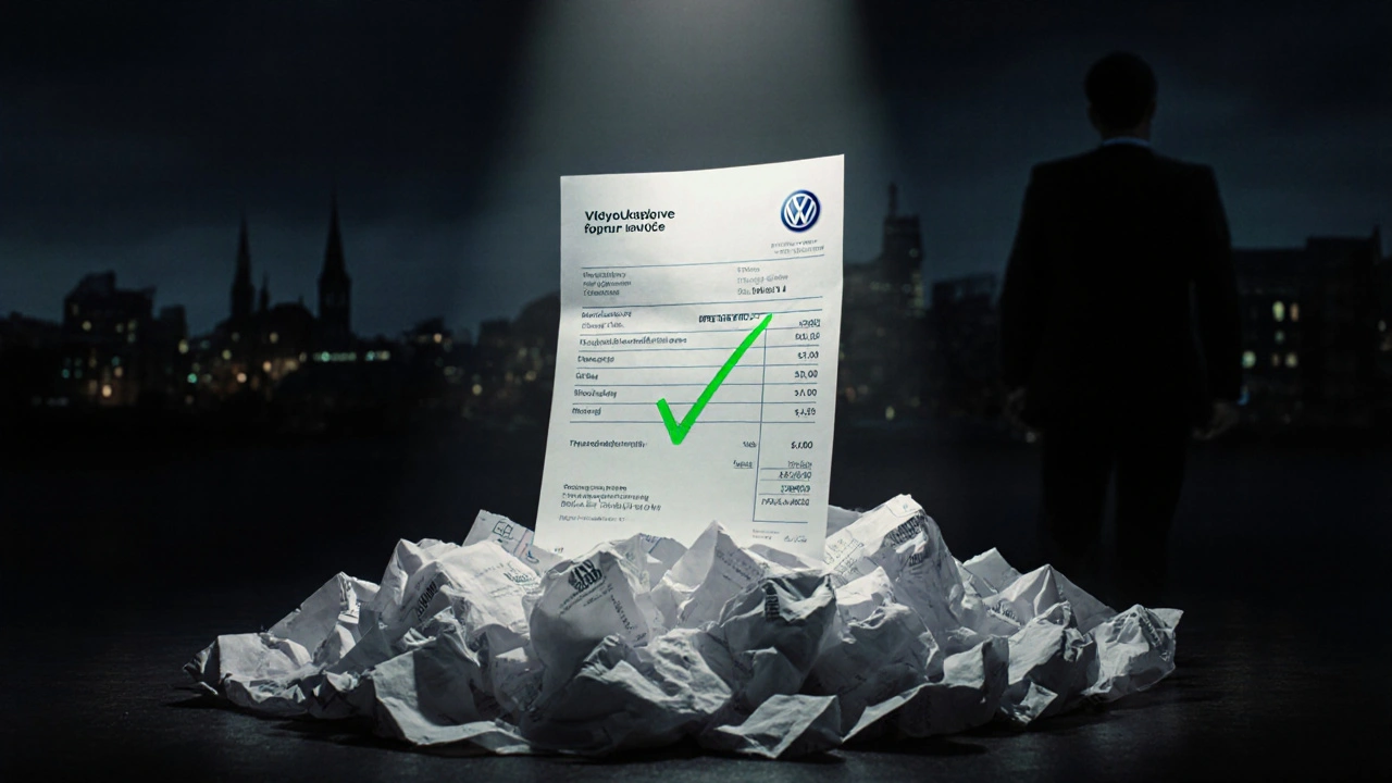 Jedna správná faktura z servisu září v temnotě, zatímco ostatní účtenky se mihotají.