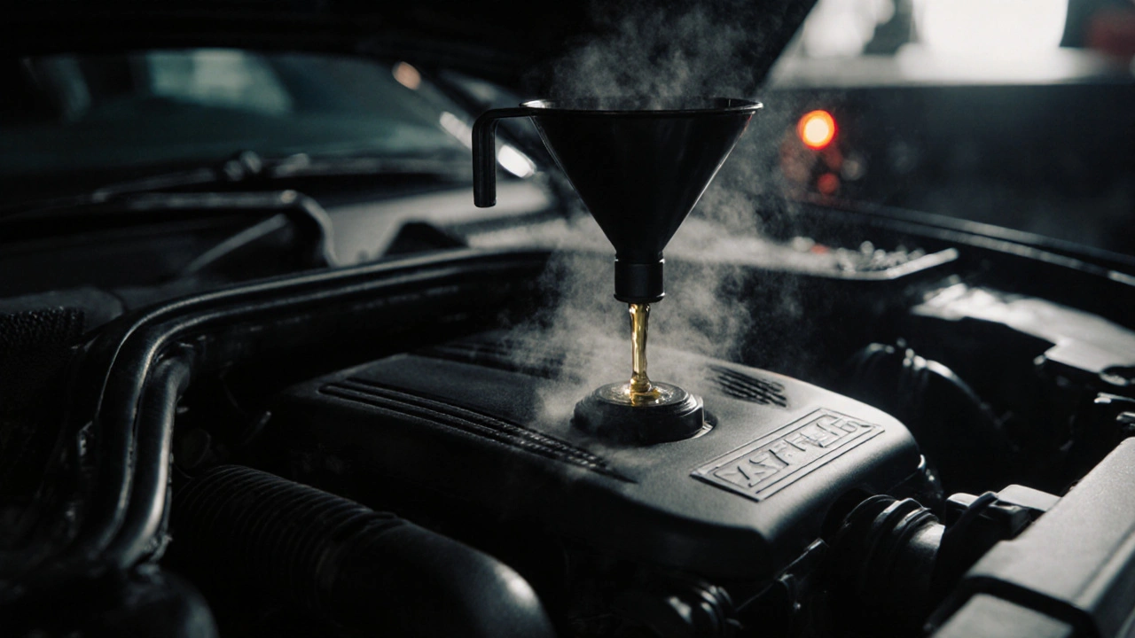 Kapky syntetického oleje vtékají do motoru BMW, září varovná světla na přístrojové desce.