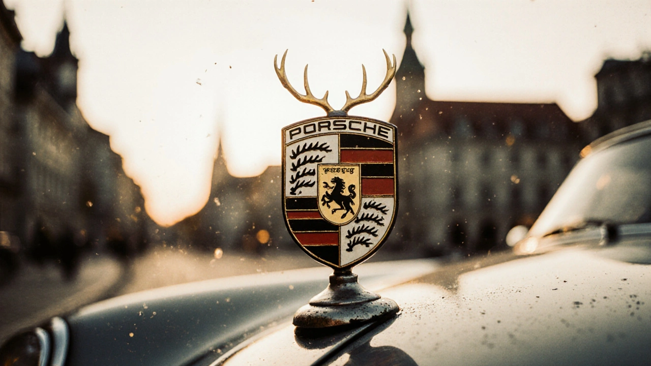 Klasické auto Porsche 356 s původním logem z roku 1952 na kapotě, pozadí Stuttgartu.