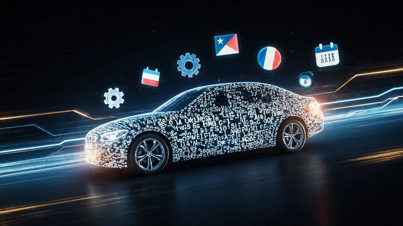 Konceptuální obrázek auta BMW vytvořeného z písmen VIN kódu.