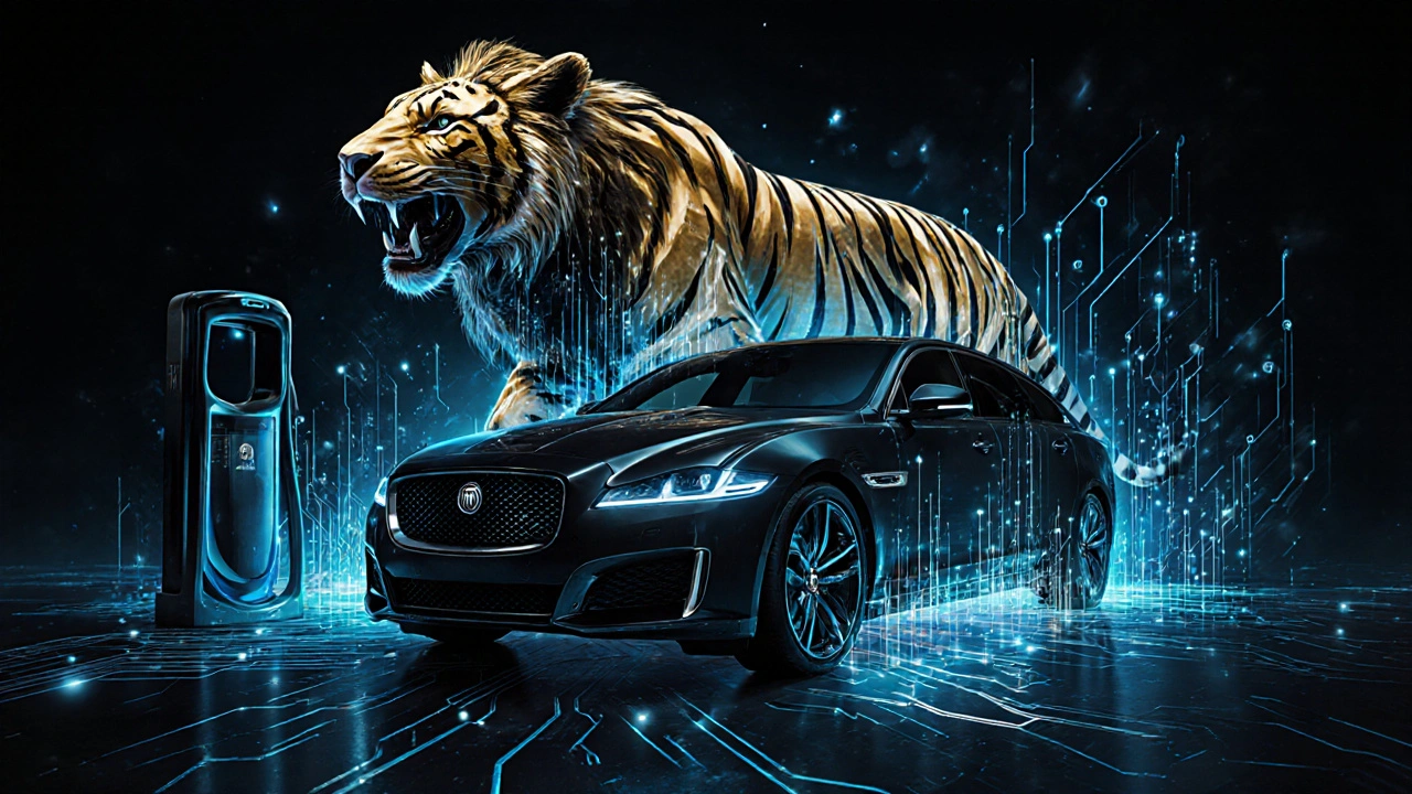 Luxury Jaguar XJ emerging from a charging station shaped like British lion and Indian tiger.