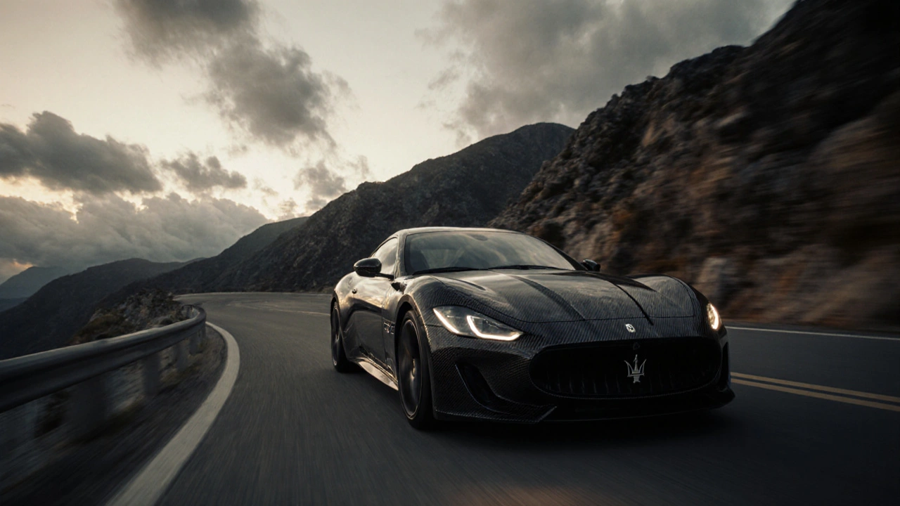 Maserati MC20 rychle projíždí horskou cestou ve večerní světle.