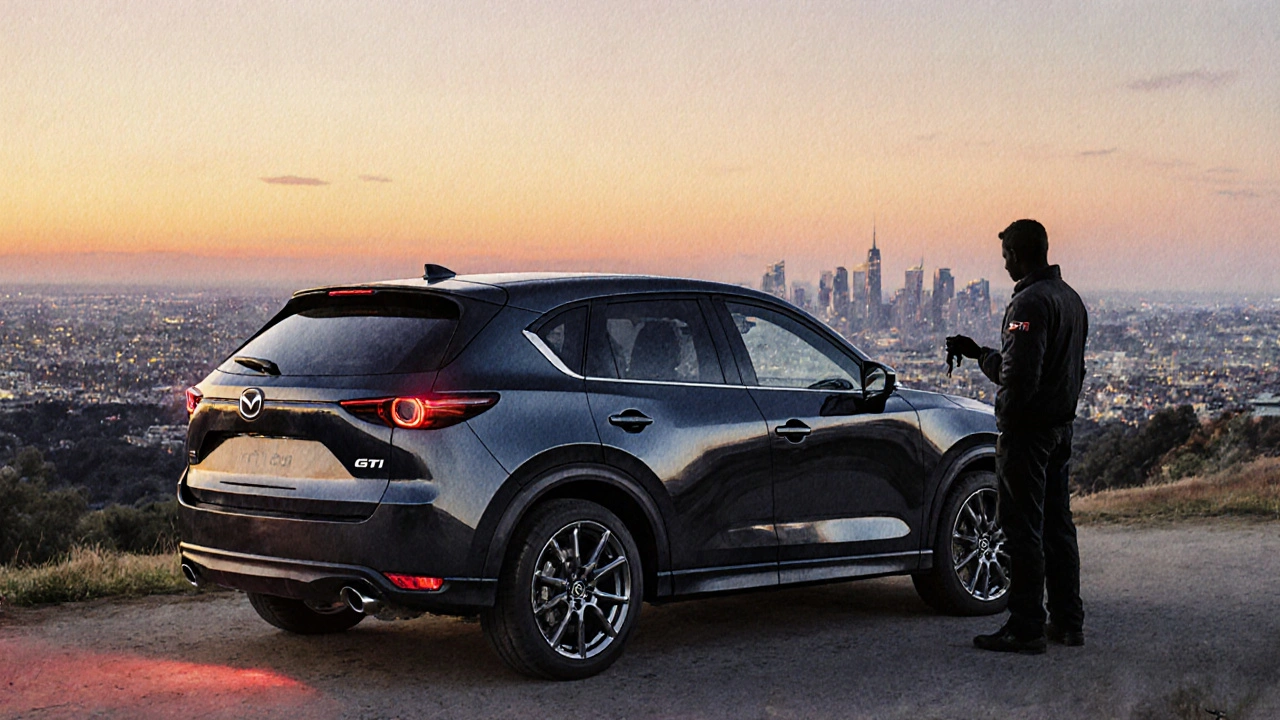 Mazda CX-5 GTI na kopci večer s městským výhledem, jemné osvětlení, žádné přehnané prvky.