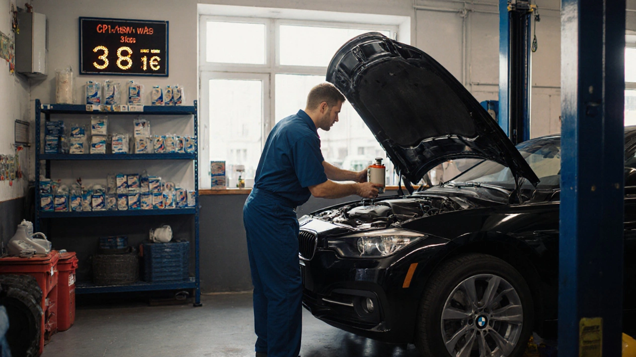 Mechanic servicing a BMW 3 Series in a clean Brno workshop with low hourly rate displayed on wall.