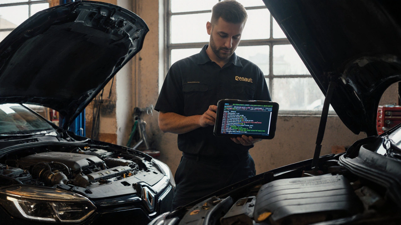 Mechanik v servisu s diagnostickým zařízením u dvou aut s různým stavem motoru