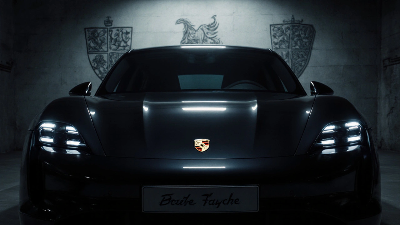 Moderní Porsche Taycan s historickým logem, které se odráží v lakované karosérii.