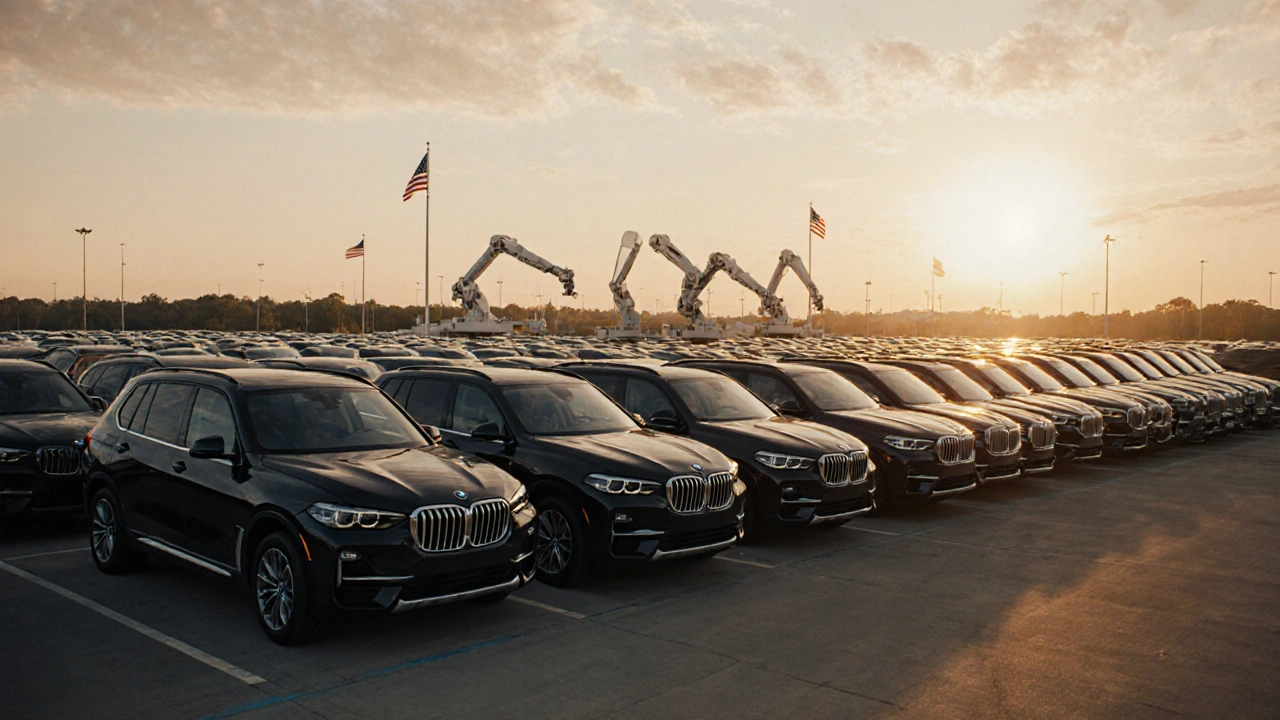 Moderní výrobní závod BMW ve Spartanburgu s řadami vozidel X5 a X7 v záři západu slunce.