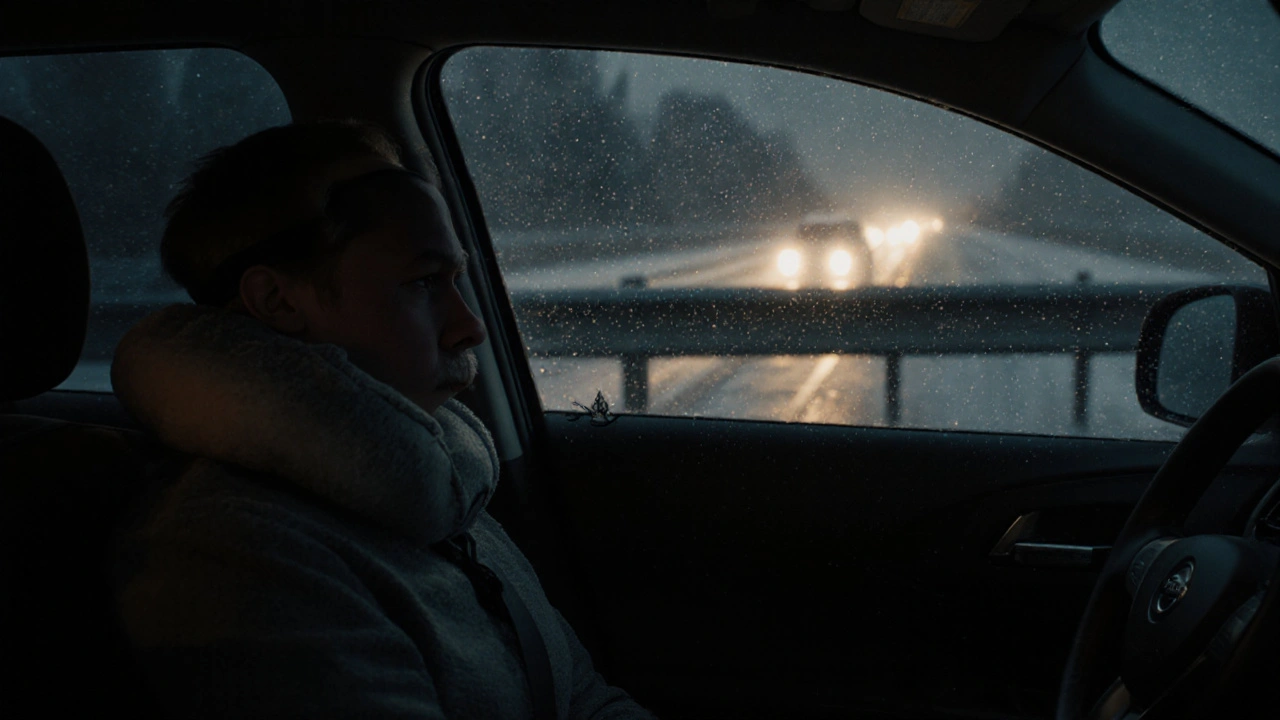 Nissan Qashqai parkovaný u dálnice v noci, motor vypnutý, vnitřek teplý, řidič spí s čepicí na oči a polštářem.